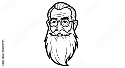 Detailed Line Art Portrait of an Elderly Man with Beard and Glasses.