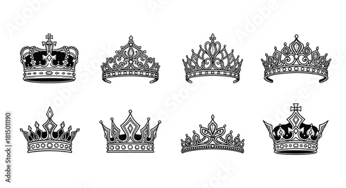 A collection of ornate royal crowns in black and white illustration