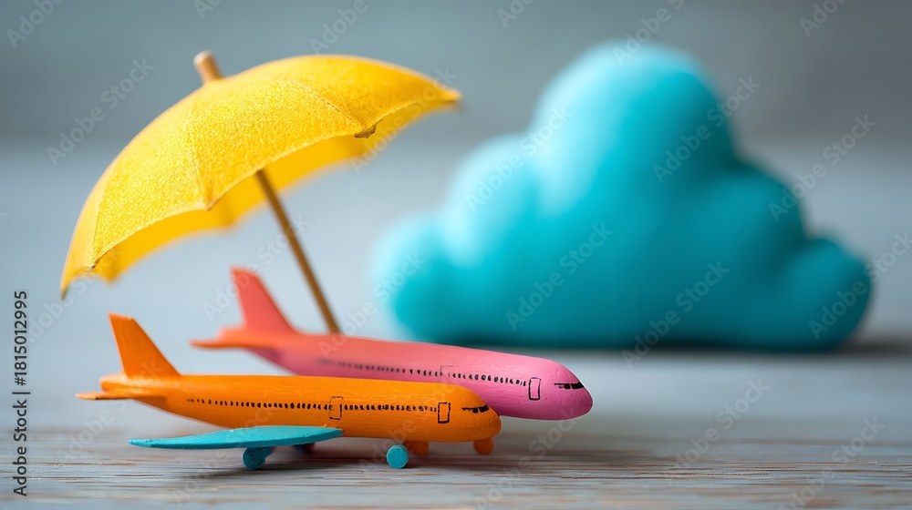© Tanvir - colorful aeroplane rests beside cheerful cloud and bright umbrella, symbolizing importance of insurance for travel safety.