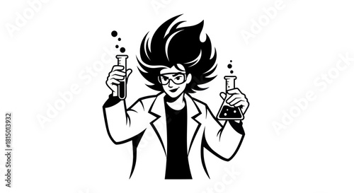 Scientist with wild hair holding test tubes in a lab coat.