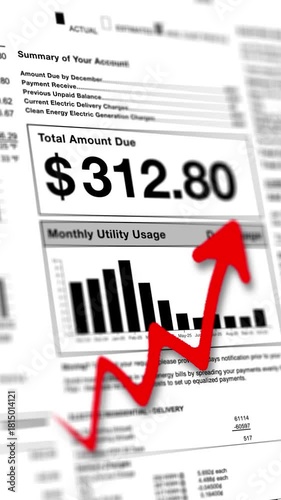 A vertical  close-up of a utility bill shows a high amount due, with a red upward arrow indicating rising energy costs and consumption on a usage graph.