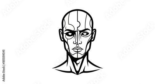 Stylized black and white vector illustration of a futuristic cyborg head.