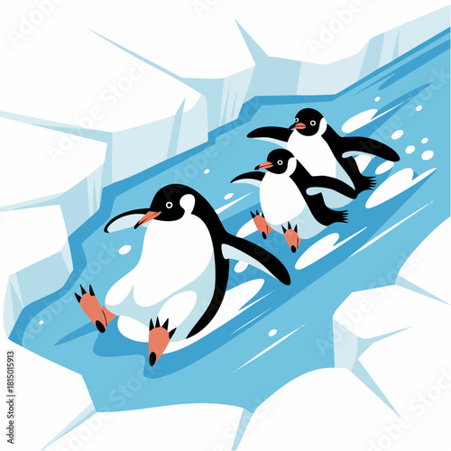 Three cartoon penguins happily sliding down an icy slope into blue water, enjoying a fun winter activity.