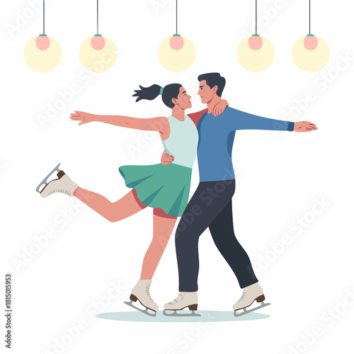 A couple gracefully ice skating together, performing a figure skating routine with elegant poses.