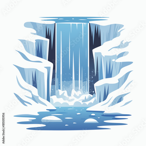 A stylized illustration of a majestic winter waterfall cascading between snow-covered icy cliffs into a frozen blue lake.
