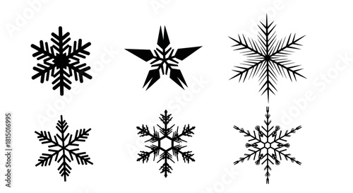 Collection of Six Black and White Snowflake Illustrations.