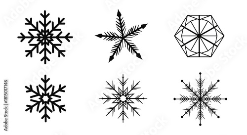 Collection of Six Unique Snowflake Designs for Winter Themes.