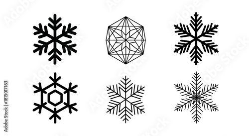 Collection of Six Unique Snowflake Designs in Black and White.