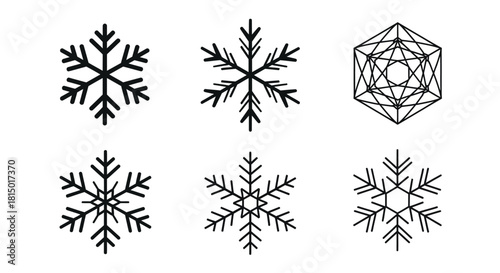 Collection of Six Unique Snowflake Designs on White Background.