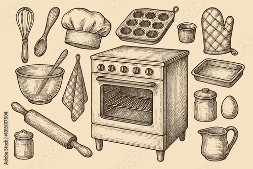 Vintage Baking Tools & Kitchen Equipment Illustration