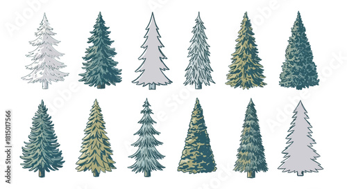 Collection of Stylized Christmas Trees for Festive Designs.