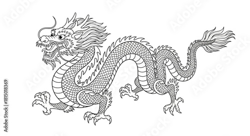 Detailed Line Art Depiction of a Chinese Dragon.