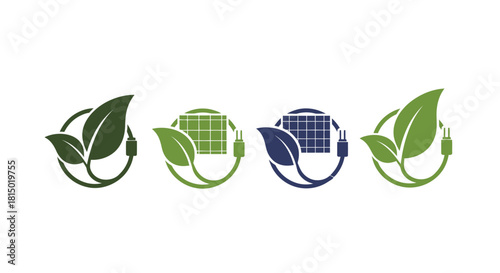 Eco-Friendly Energy Solutions - Solar Panels and Green Leaves in Circular Designs.