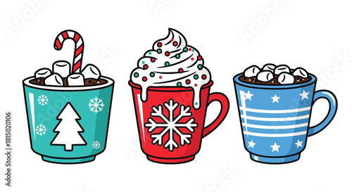 Festive Hot Chocolate Collection - Holiday Drinks with Marshmallows and Whipped Cream.