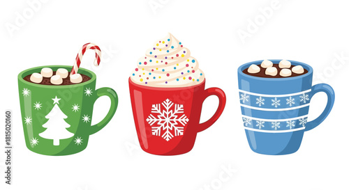 Festive Hot Chocolate Mugs with Holiday Decorations.