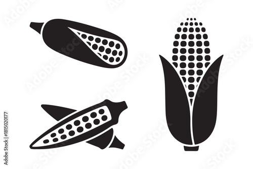 Three stylized black and white corn cob illustrations