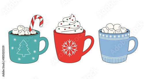 Festive Hot Chocolate Mugs with Marshmallows and Candy Cane.
