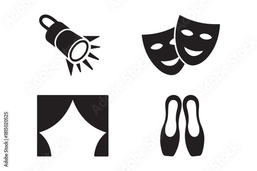 Theatrical performance icons spotlight stage masks and ballet shoes