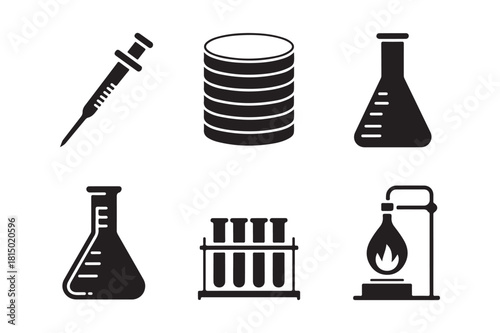 Set of six black and white scientific laboratory equipment icons