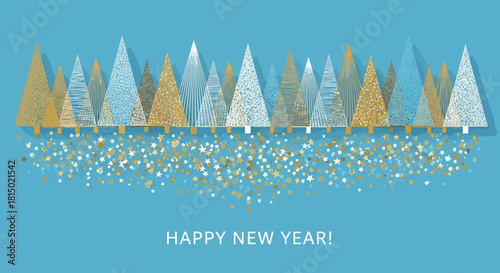 Festive New Years Card with Abstract Christmas Trees and Confetti.