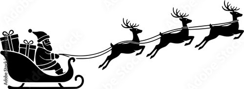 Santa Claus riding sleigh with reindeer and Christmas gifts in festive flat vector illustration
