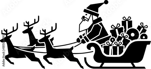 Santa Claus riding sleigh with reindeer and Christmas gifts in festive flat vector illustration
