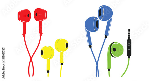 Colorful in ear headphones illustration with a variety of bright modern designs
