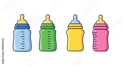 Colorful baby bottles arranged in a row simple cartoon illustration