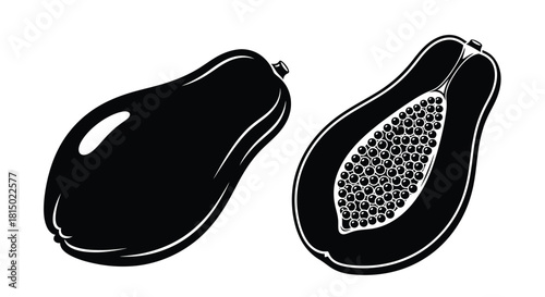 Illustration of a whole and cut open papaya fruit in black and white