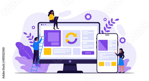 Team Collaborating on Responsive Website Design Across Devices.
