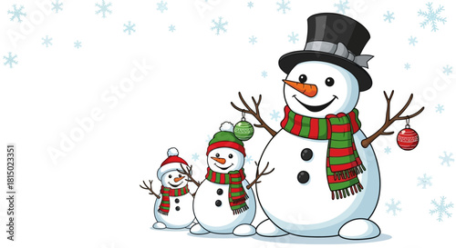 Three Snowmen Family with Festive Hats and Scarves in Winter.