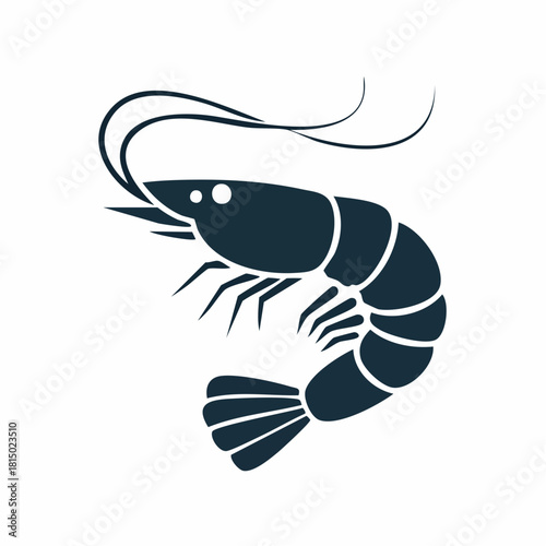 Hand-drawn illustration of a shrimp prawn in solid glyph style, depicting fresh seafood as a gourmet ocean ingredient, ideal for culinary designs, restaurant branding, and seafood menu icons.