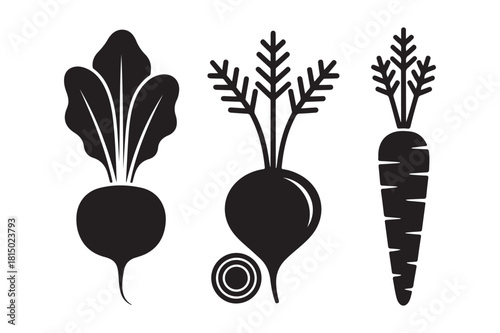 Black and white silhouettes of root vegetables