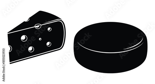 Simple black and white illustration of cheese slice and a round cheese
