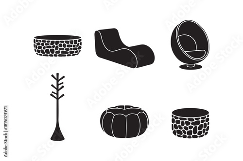 Modern black furniture icons set for interior design