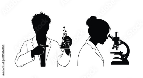 Silhouettes of scientists conducting experiments in a laboratory setting