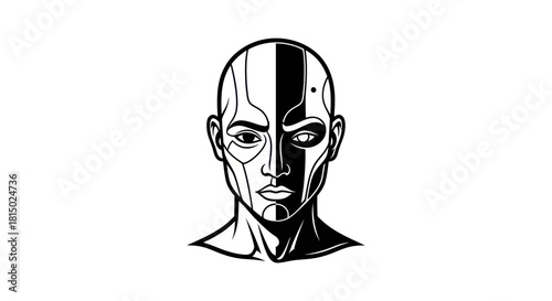 Monochrome line art illustration of a futuristic cyborg head.