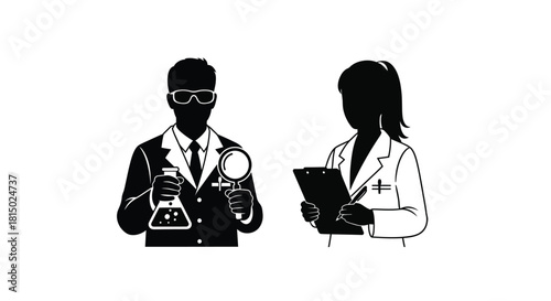 Two scientists a man and a woman in lab coats examining research