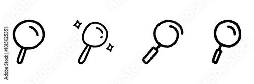 Magnifying Glass Line Icon Set In Doodle Style. Search, Exploration, And Investigation Outline Sketch Collection. Hand Drawn Isolated Vector Illustration