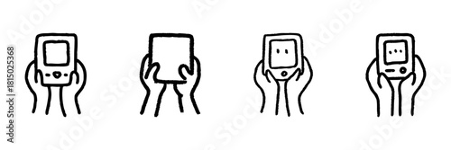 Hands Holding Devices Line Icon Set In Doodle Style. Mobile Technology, Communication, And Digital Interaction Outline Sketch Collection. Hand Drawn Isolated Vector Illustration