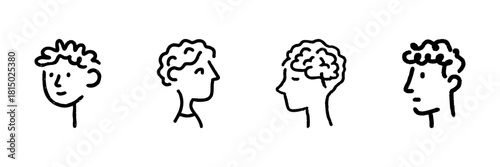 Four Human Head Profiles Line Icon Set In Doodle Style. Cognitive Development And Brain Function Outline Sketch. Mental Health And Psychology Concepts. Hand Drawn Isolated Vector Illustration