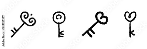 Whimsical Key Line Icon Set In Doodle Style. Symbolic Representation Of Access, Security, And Love Outline Sketch Collection. Hand Drawn Isolated Vector Illustration