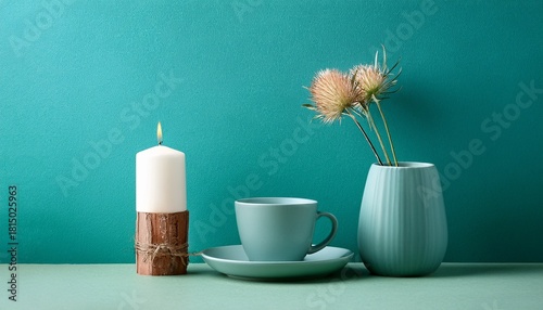 Stillleben Mit Tasse Und Kerze Vor Turkisfarbener Wand In Kuhler Ruhe