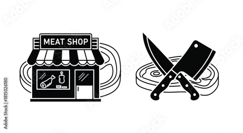 A black and white illustration of a meat shop with knives and meat