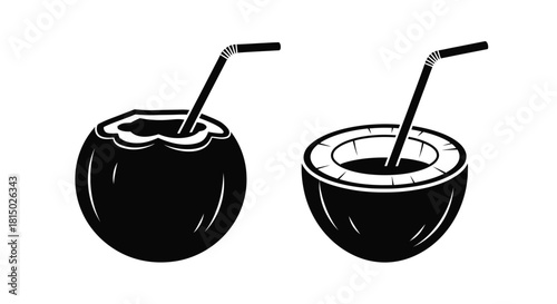 Two opened coconuts with drinking straws a black and white illustration