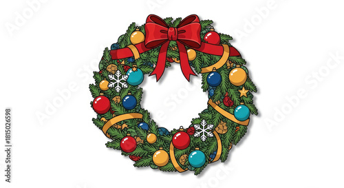 Stylized vector Christmas wreath with ornaments and ribbons.