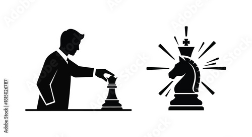 A businessman makes a strategic move with a chess knight piece