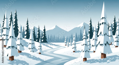 Vector landscape of a snowy forest with simplified pine tree shapes.