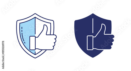 Shield with a thumbs up hand illustration in two color variations