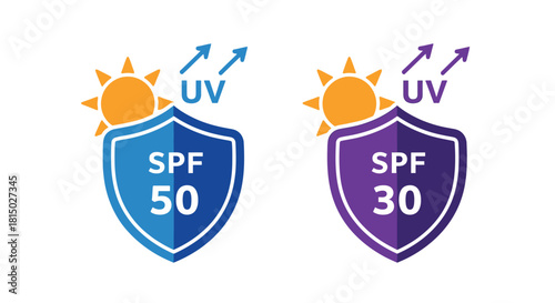 Sun protection icons displaying spf 50 and spf 30 with uv warnings